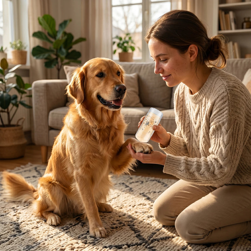 Application du baume sur la patte d'un golden retriever